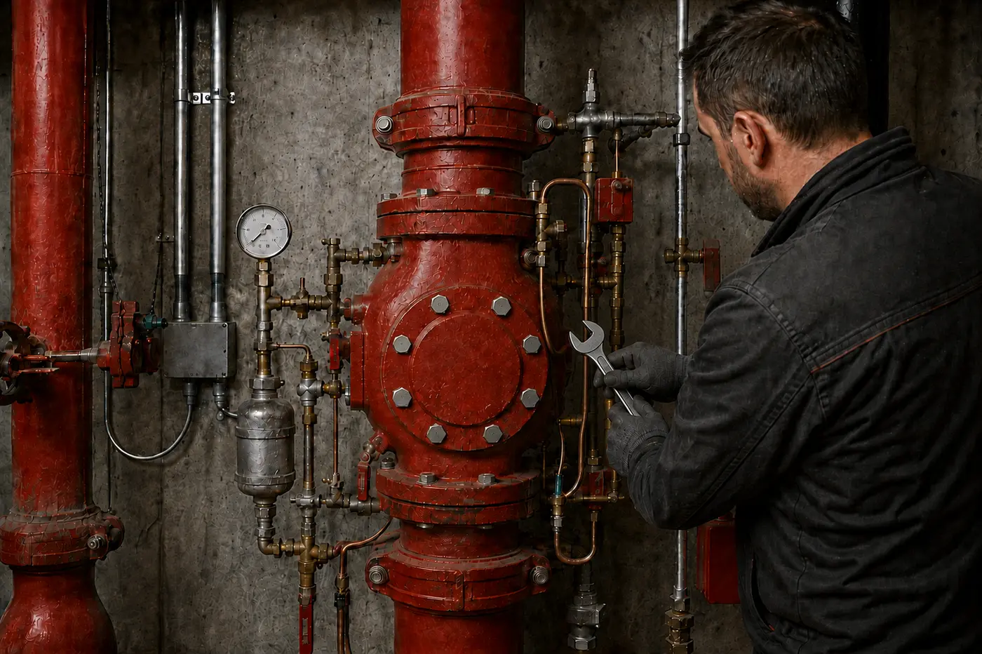Servicetekniker utfører vedlikehold på sprinkleranlegg